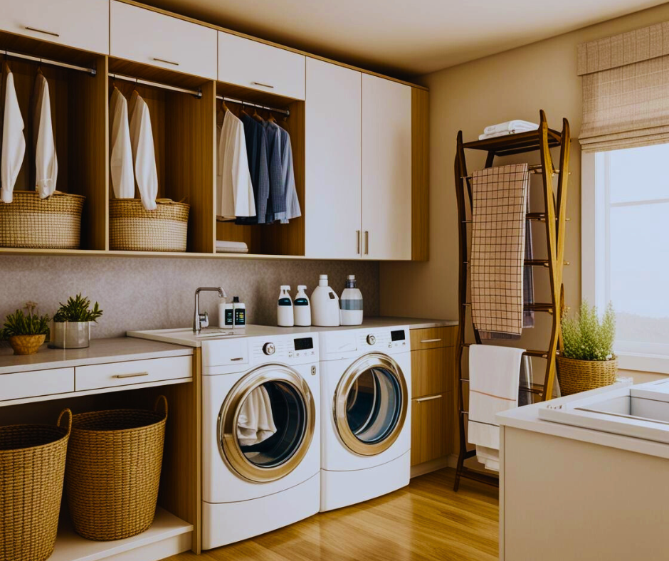 Styled laundry room with curated bins and space planning, Declutter + Design Co. Fort Worth