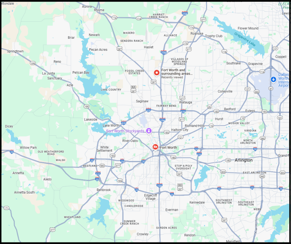ALT Text:
Map of Fort Worth and surrounding affluent service areas for home organizing
