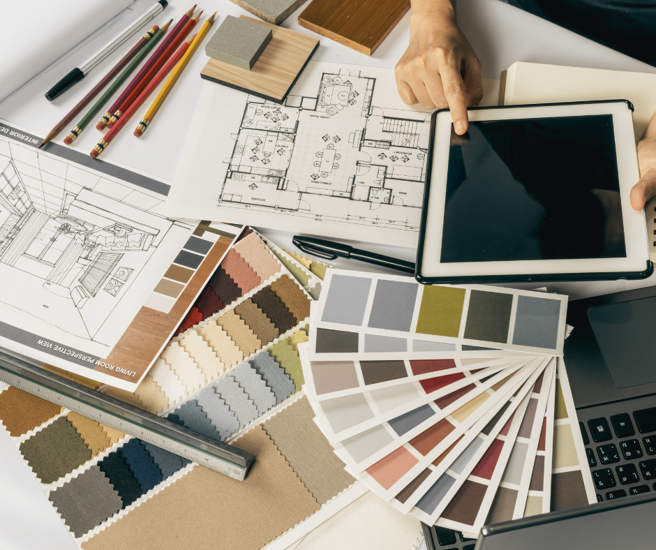 Interior design planning tools with color swatches and floor plan layout