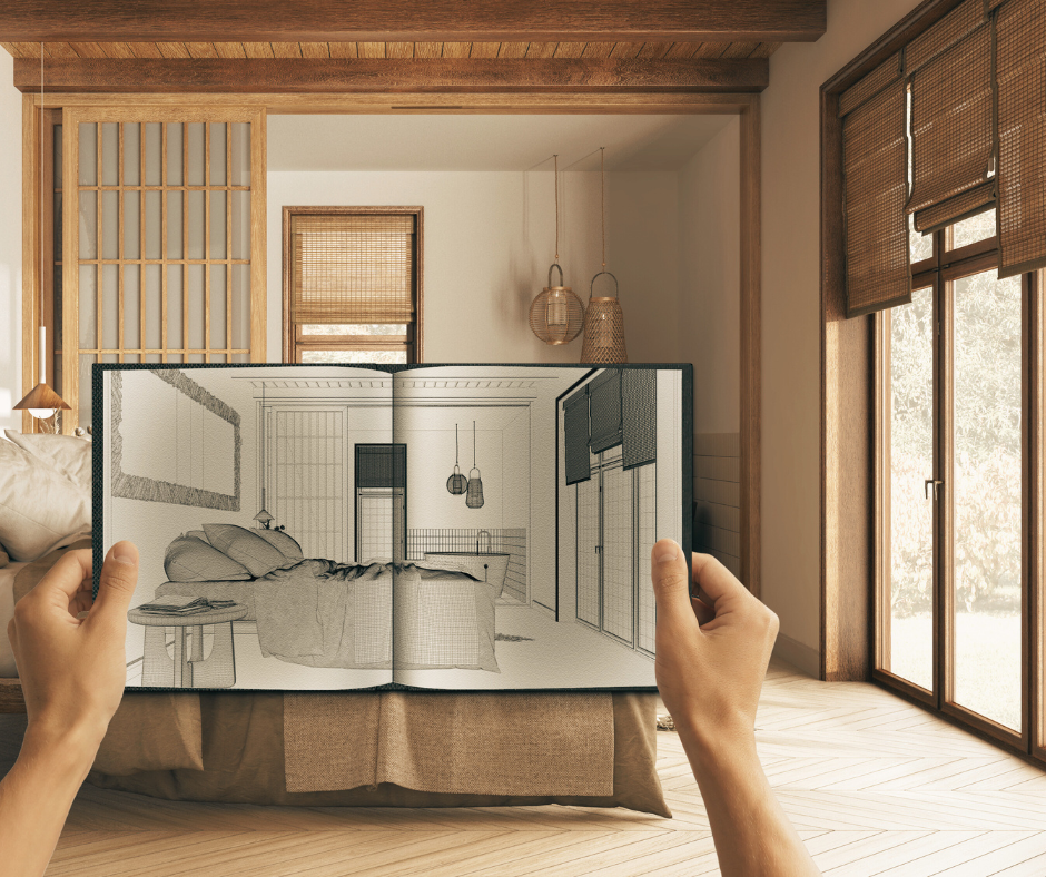 Open floor plan sketch overlay in a modern neutral bedroom design