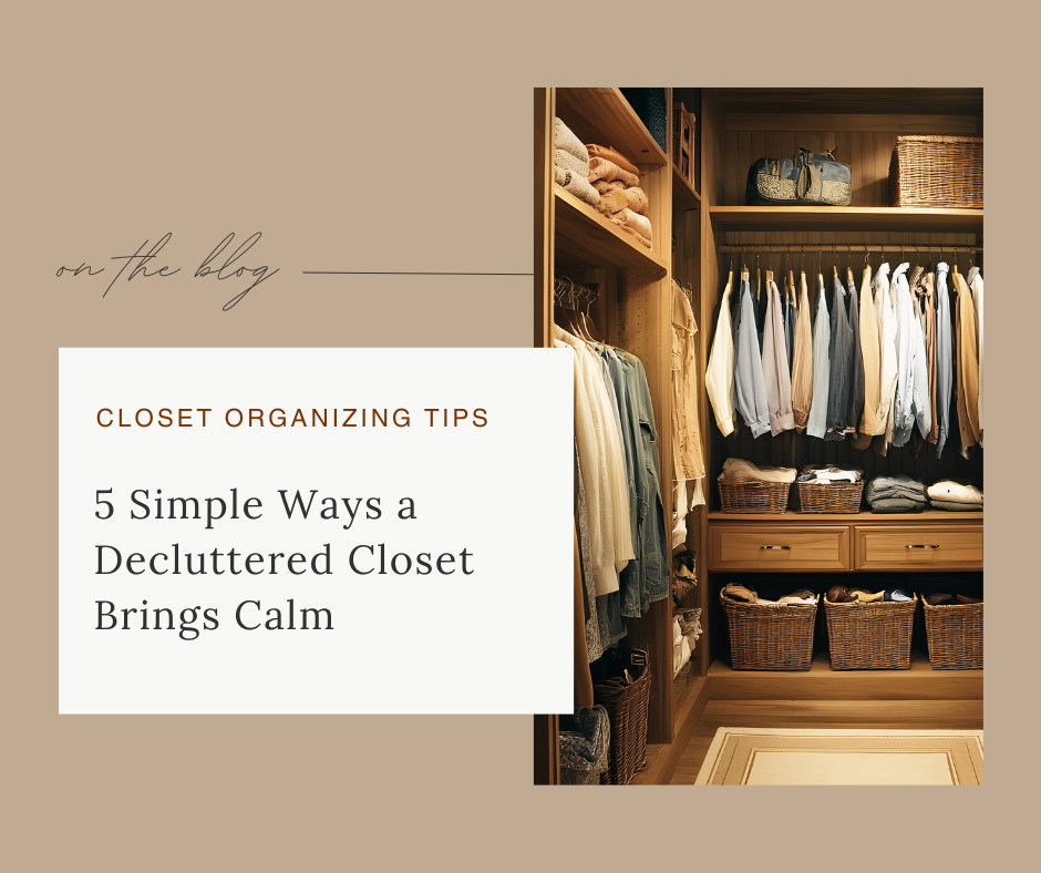 Closet organization blog banner with wooden built-in storage, folded sweaters, hanging shirts, and woven baskets.