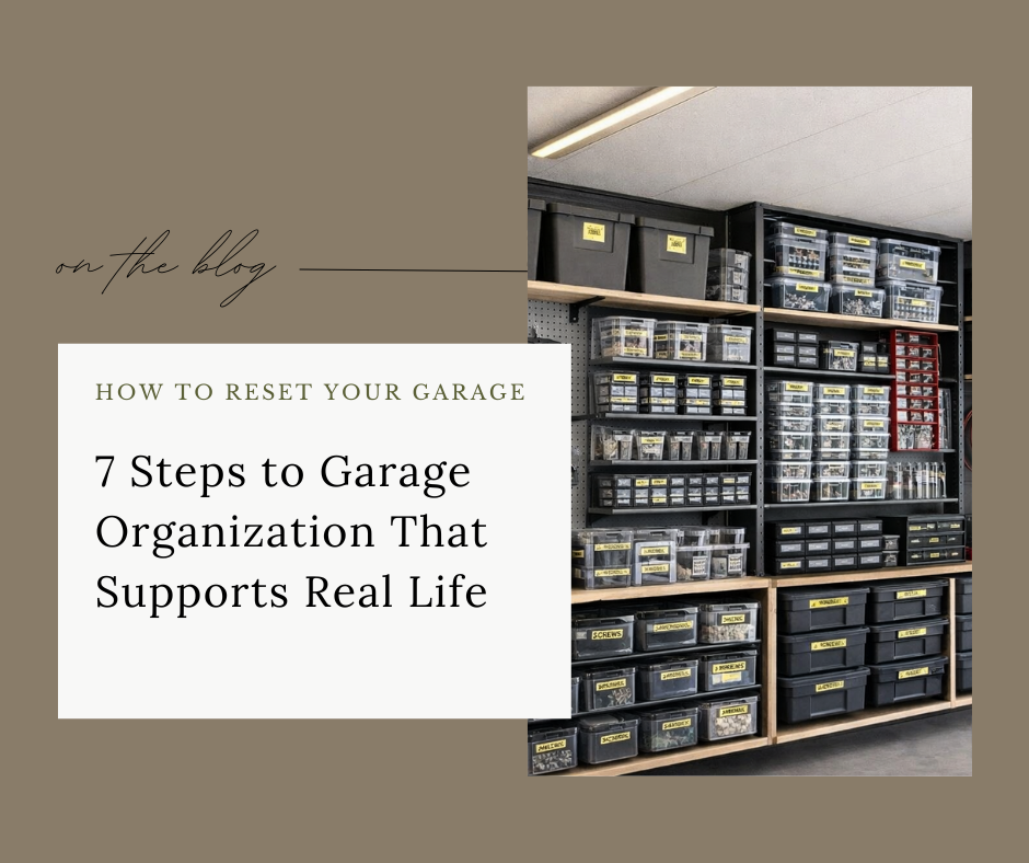 Organized garage with labeled storage bins, wall-mounted tools, shelving, and clearly defined zones for functional garage organization.