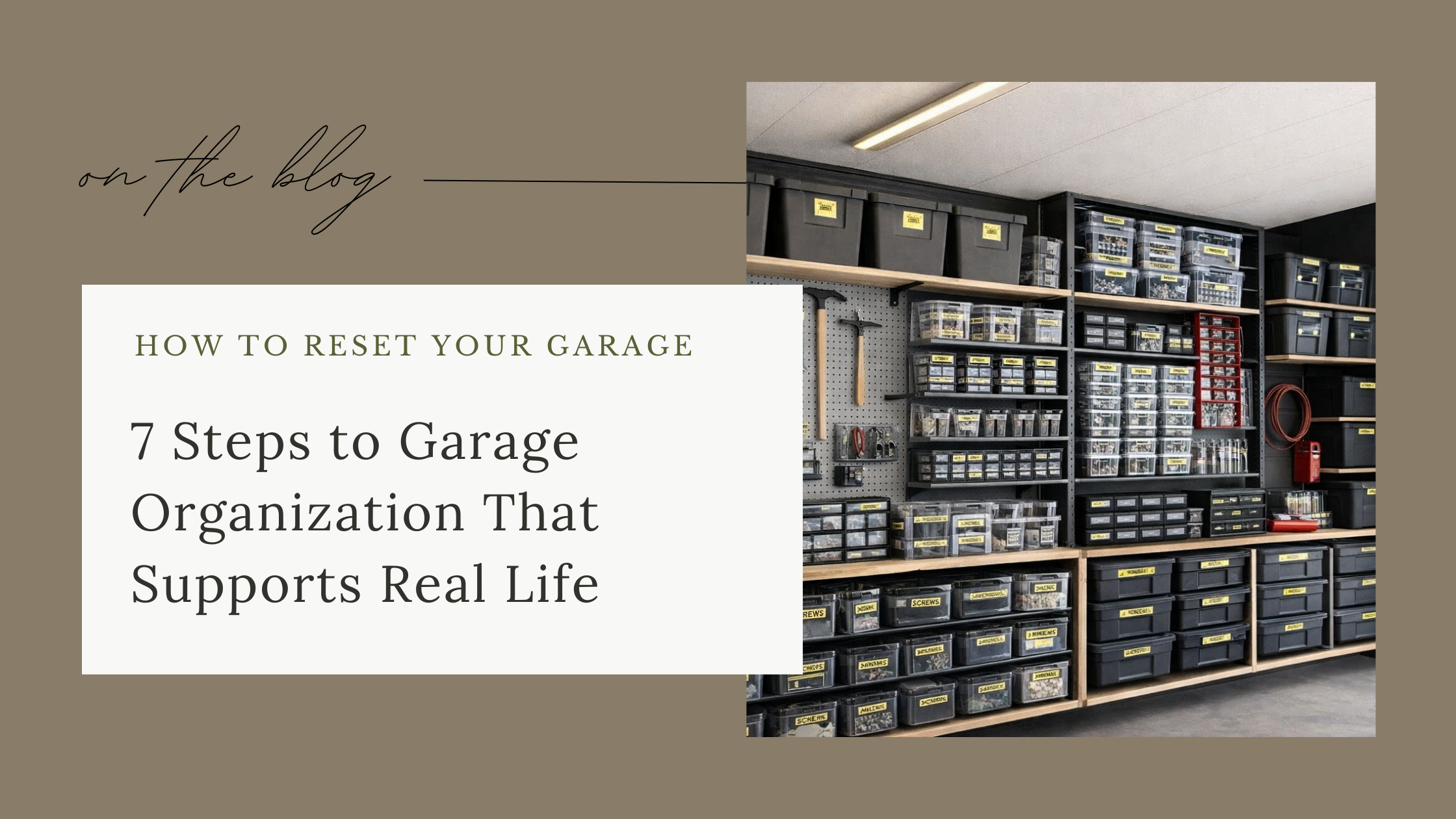 Organized garage with labeled storage bins, wall-mounted tools, shelving, and clearly defined zones for functional garage organization.