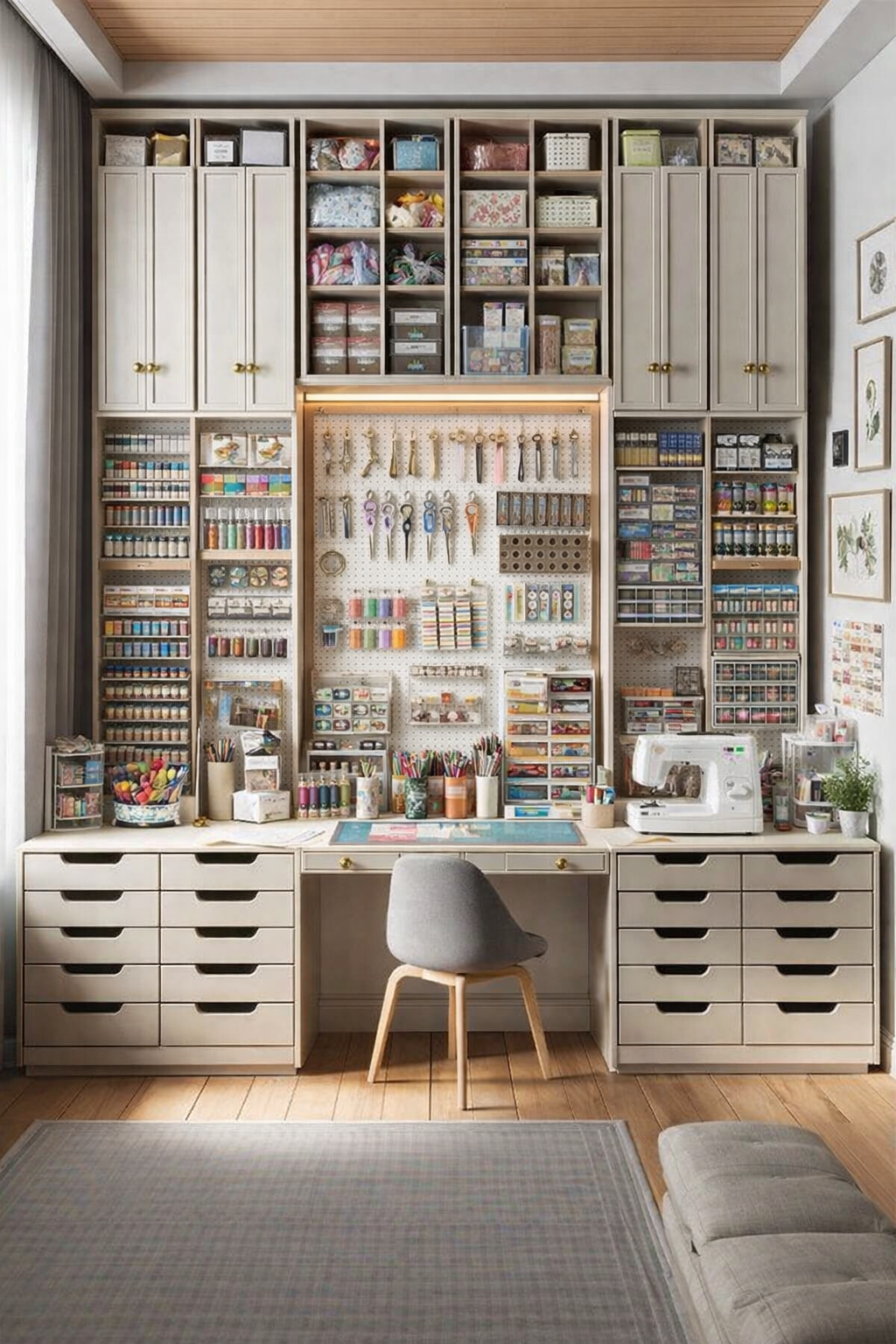 Organized craft room with built-in cream cabinetry, pegboard wall, labeled bins, paint storage, scissors, sewing machine, and wide desk workspace.