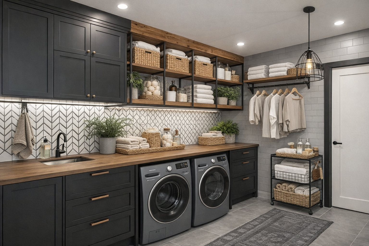 Modern laundry room with black shaker cabinets, warm wood open shelving, front-load washer and dryer, white herringbone tile backsplash, folding countertop, hanging rod with neutral garments, and woven storage baskets.