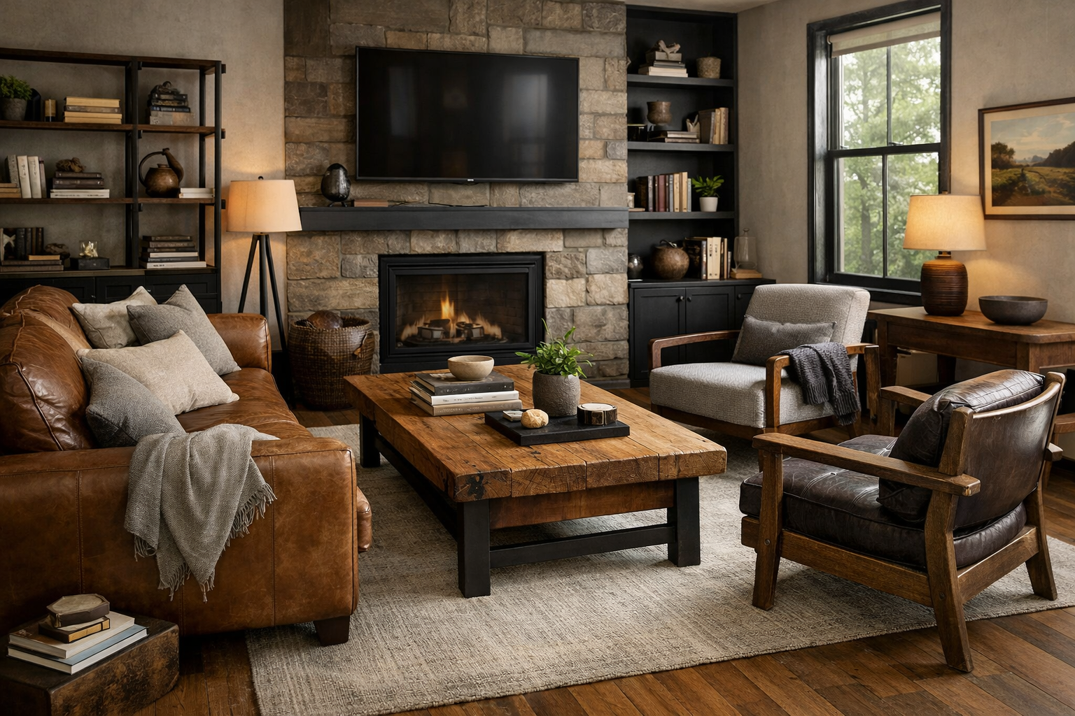 Warm rustic living room with stone fireplace, mounted TV, leather sofa, wood coffee table, built-in shelving, armchairs, and layered neutral decor.