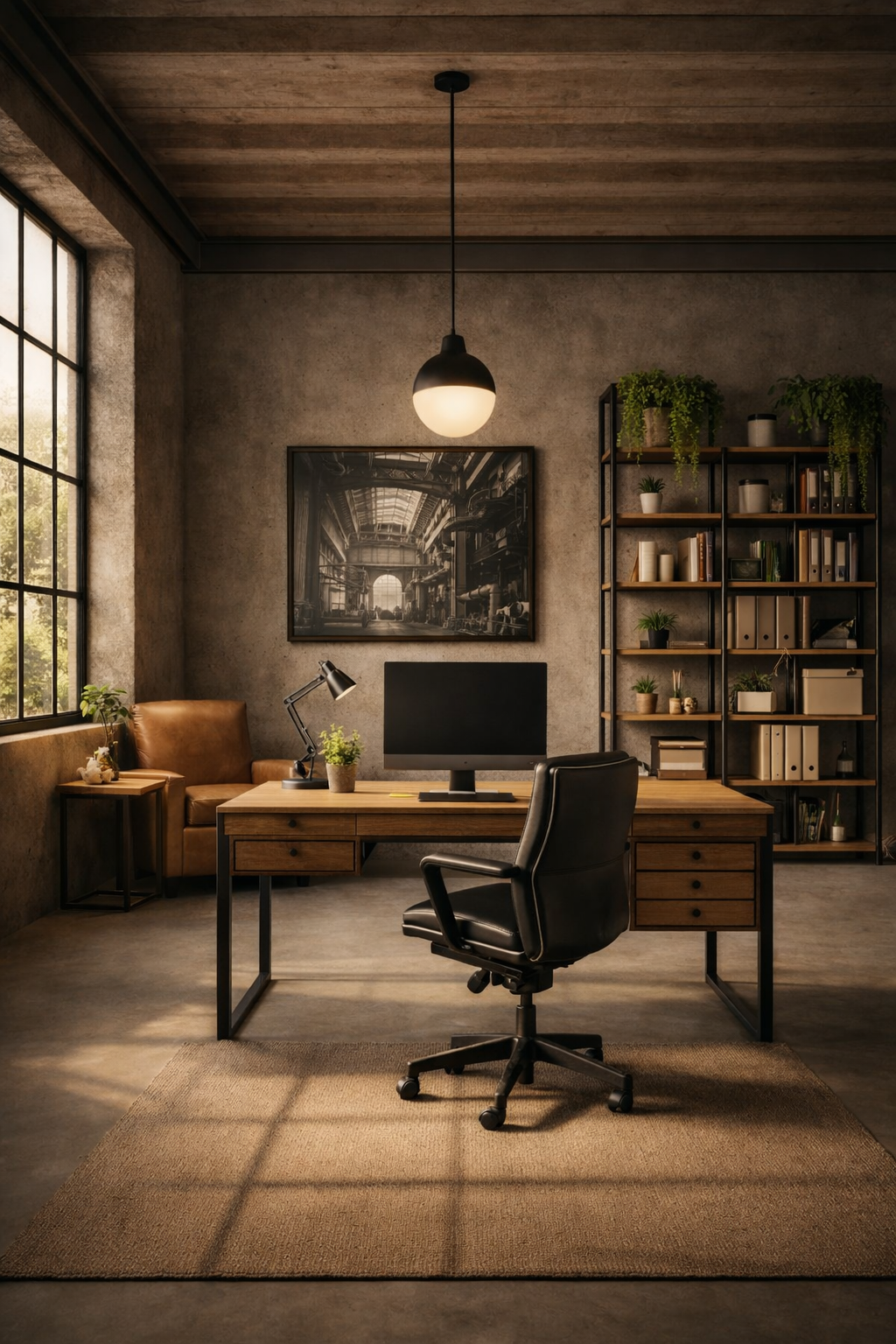 Industrial home office with wood desk, black office chair, leather accent chair, open shelving, large grid window, and warm textured walls.