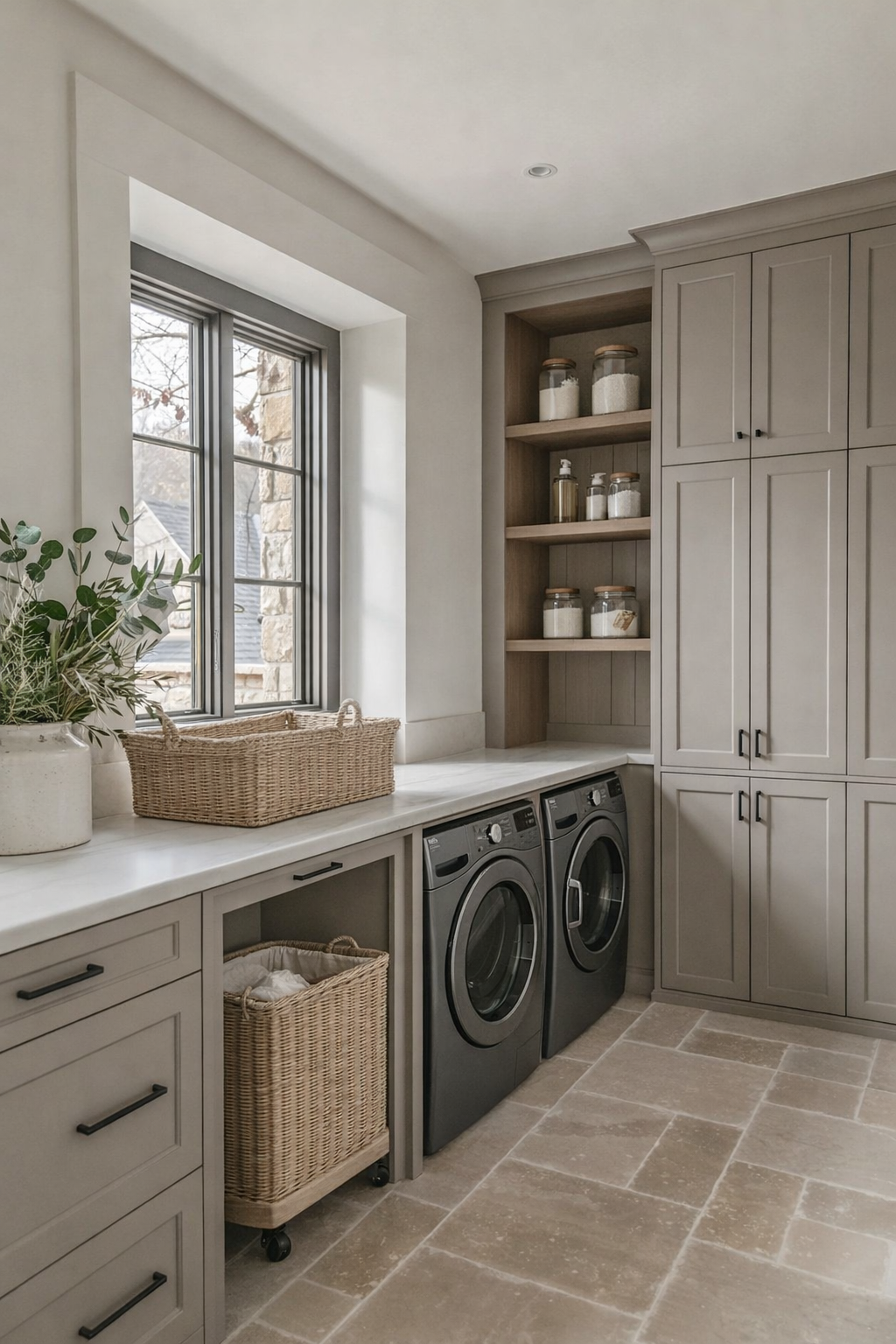Light-filled laundry room with taupe shaker cabinets, marble countertop, front-load washer and dryer, open wood shelving with glass storage jars, woven laundry baskets, and stone tile flooring.