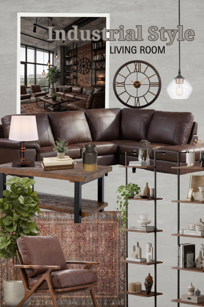 Industrial style living room shop the look featuring leather sectional, wood and metal coffee table, vintage rug, shelving, pendant light, and decor accents.