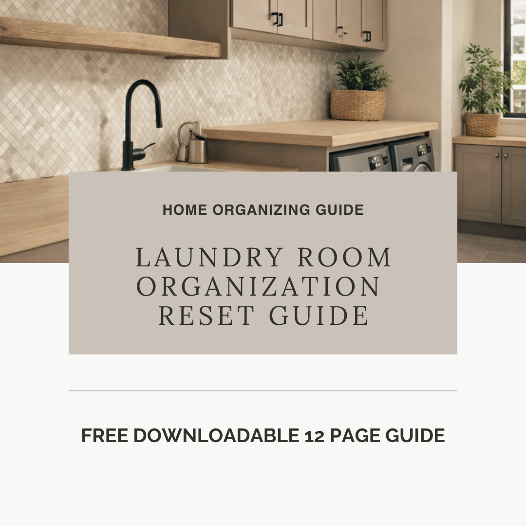 Calm, modern laundry room with wood countertops, open shelving, built-in cabinetry, and front-loading washer and dryer designed for functional organization.