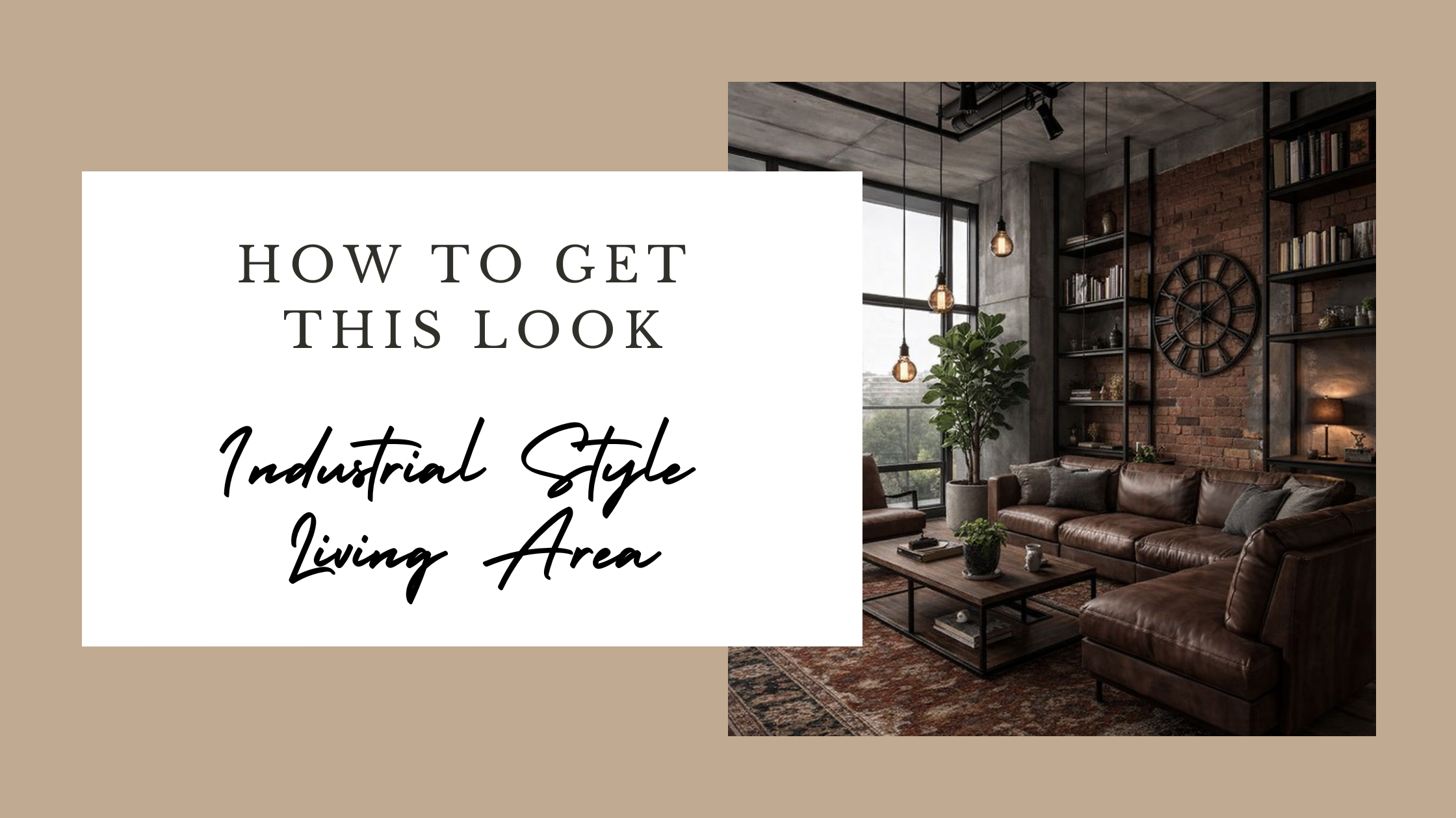 ALT Text: Industrial style living room with leather sectional, exposed brick wall, black metal shelving, and vintage patterned rug.
