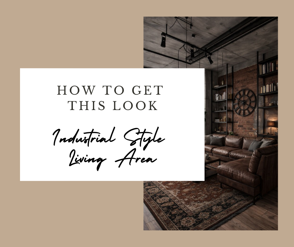 Industrial style living room shop the look graphic featuring leather sectional, exposed brick wall, black metal shelving, and vintage rug.