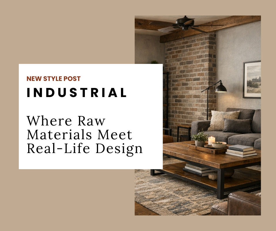 Industrial style living room interior with brick accent wall, wood coffee table, gray sofa, and layered textiles.