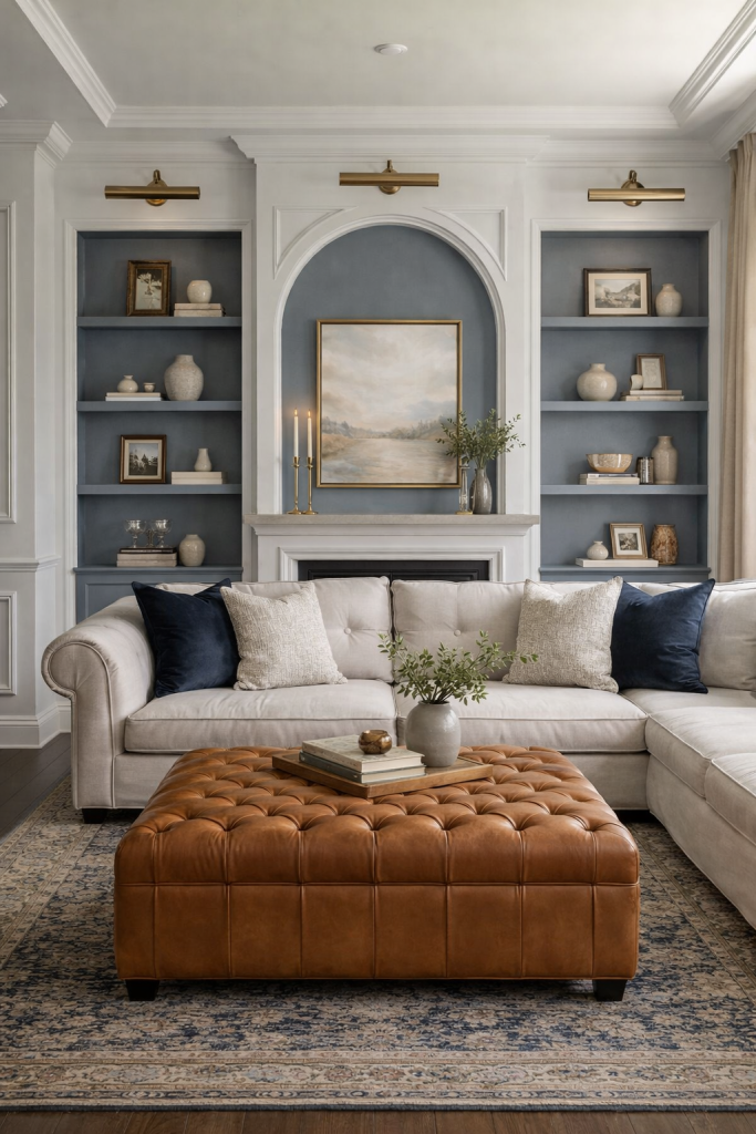 Transitional living room with neutral sectional, camel tufted ottoman, blue built-ins, brass picture lights, and vintage rug.