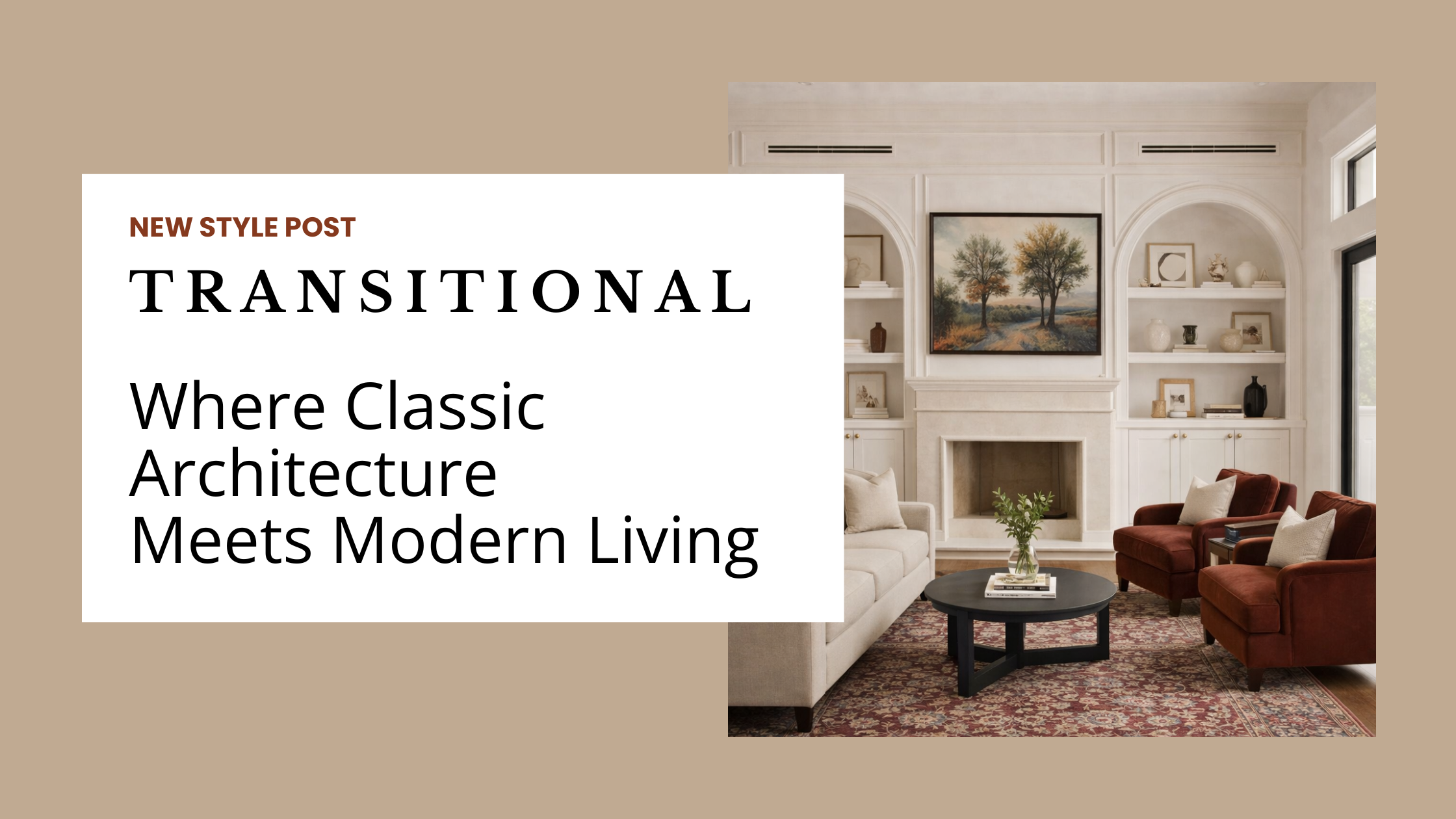 Transitional living room with crown molding and modern furniture