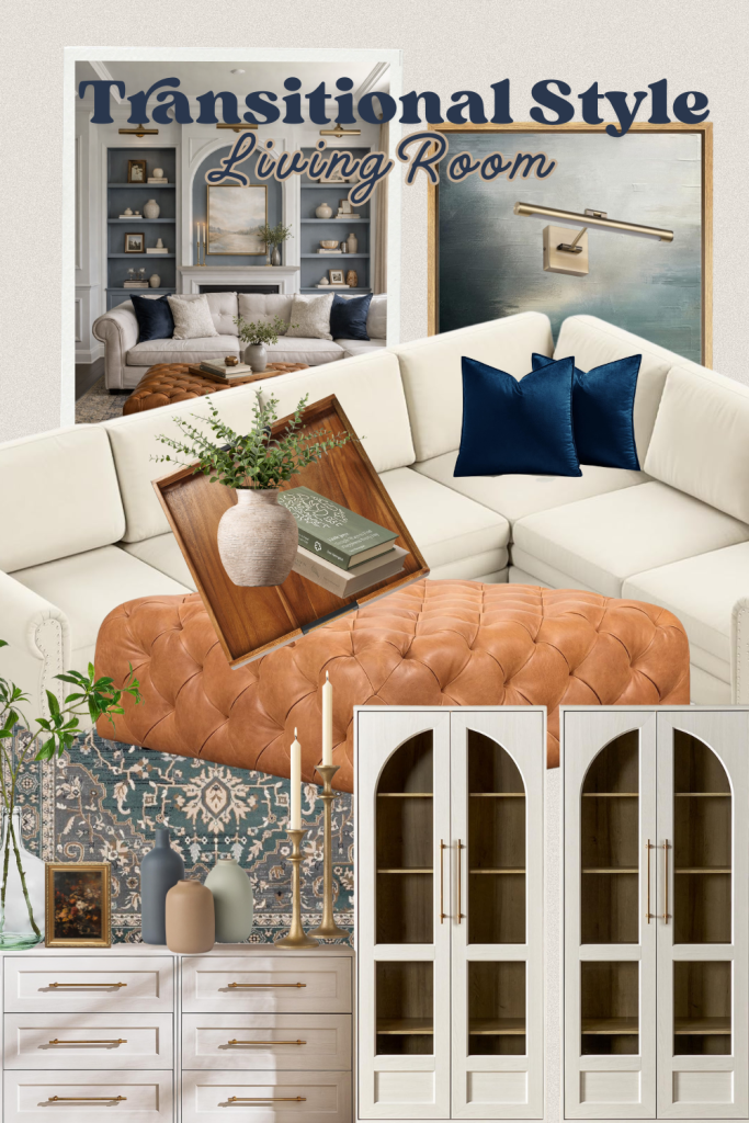 ALT Text
Transitional living room shop the look graphic with sectional sofa, leather ottoman, rug, cabinets, lighting, and decor.